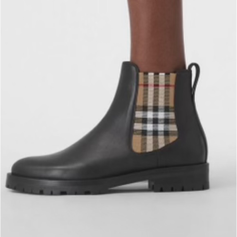 Burberry Vintage Check, Detailed Leather Ankle Boots Size 10